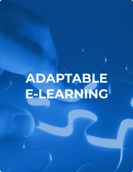 A close-up of a person's hand fitting puzzle pieces together, with the words "Adaptable E-Learning" overlaid on the center. The image is tinted blue.