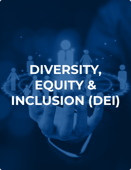 A hand holding a smartphone, with glowing digital icons of people standing in a circular arrangement around the phone. The text "DIVERSITY, EQUITY & INCLUSION (DEI)" is written prominently in the center of the image. The background is a dark blue tone.