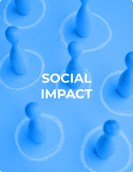 Several blue wooden pegs arranged in a grid on a blue background, each within a chalk-drawn circle. The words "SOCIAL IMPACT" are prominently displayed in the center of the image.