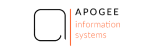 Logo of Apogee Information Systems with a stylized square and vertical orange line. The text "APOGEE" is above the words "information systems.