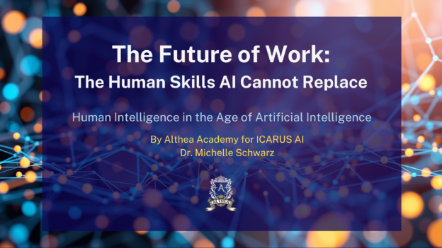 Title slide for ‘The Future of Work: The Human Skills AI Cannot Replace’ with digital network background.